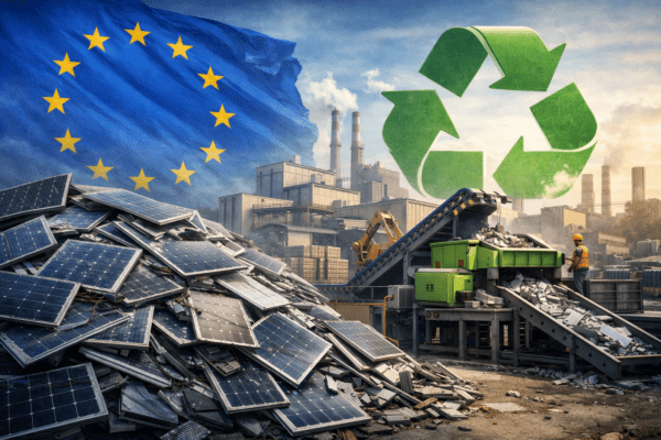 recyklácia solárnych panelov v Európe – hromada vyradených panelov a recyklačná linka v priemyselnom prostredí s symbolom recyklácie