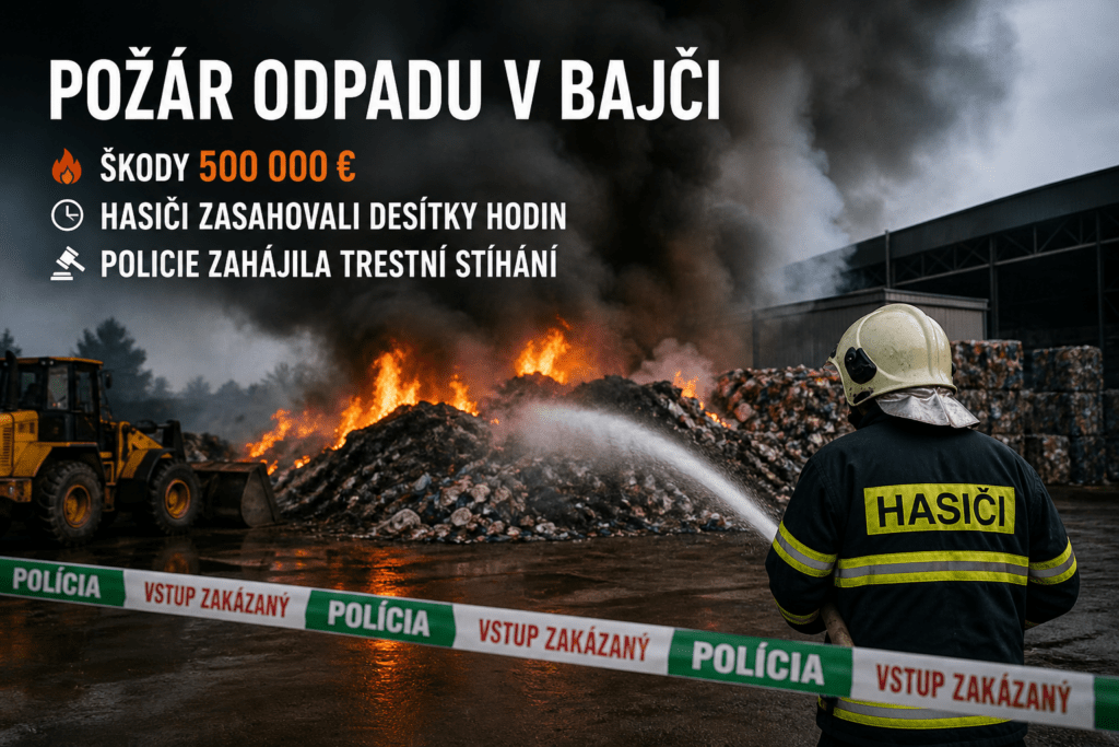 Požár odpadu v průmyslovém areálu na Slovensku, hasiči zasahují u skladu odpadu.