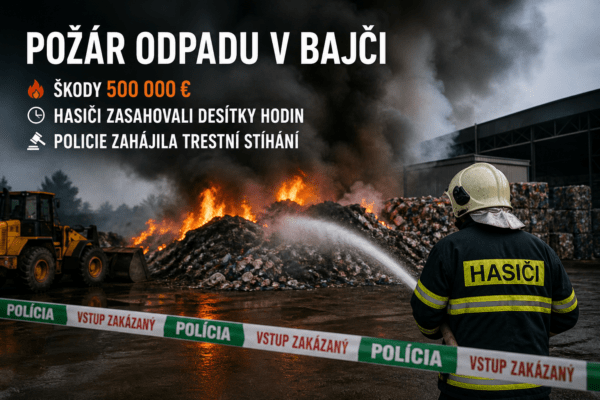 Požár odpadu v průmyslovém areálu na Slovensku, hasiči zasahují u skladu odpadu.